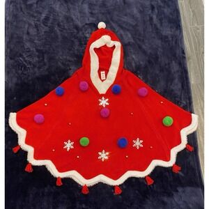 Christmas Holiday Time Hooded Red Sweater Shawl W/Pom Pons, Bells & White Trim